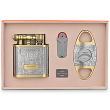 茄龙（CIGARLOONG）雪茄烟具套装直冲火力防风打火机雪茄开合剪刀配打火石三件套精美包装 银色