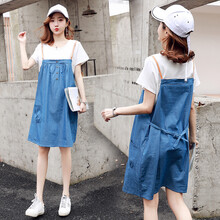 孕妇装夏装时尚潮妈短袖孕妇套装春夏季中长款外穿孕妇裙夏天大码孕妈装宽松舒适孕妇连衣裙子新款 蓝色 M