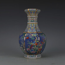 【芠拉】芠拉-乾隆御制蓝地粉彩花鸟六方瓶 景德镇仿古瓷器古董古玩收藏品真品