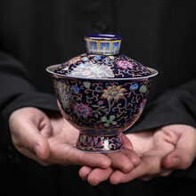 珐琅彩999鎏银宫廷范花开富贵盖碗茶杯陶瓷功夫茶具泡茶碗敬茶碗 鎏银珐琅彩-花开富贵盖碗