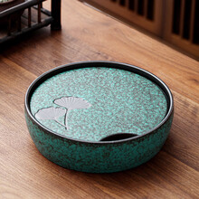 言艺陶瓷茶盘家用简约功夫储水茶托盘圆形干泡台小型茶台复古日式茶海创意 绿松银杏小号