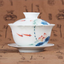 天泽 盖碗茶杯单个大号陶瓷三才茶碗手绘青瓷功夫茶霁蓝亚光透光泡茶器 手绘游鱼盖碗