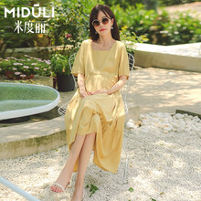 米度丽 孕妈装时尚款2021夏装孕妇连衣裙夏季长款过膝孕妇裙夏天长裙潮妈 7538 秋叶黄 M码