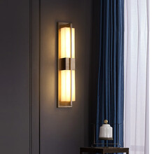 澜荣 新中式全铜云石壁灯客厅电视背景墙全铜中国风别墅卧室床头禅意灯具 铜本色-小号(宽12cm离墙9cm高47cm)