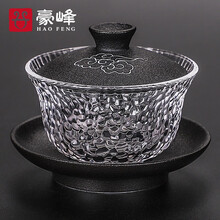 豪峰 日式耐热玻璃盖碗盖碗高硼硅耐热玻璃手抓三才盖碗家用泡茶碗透明敬茶碗茶道杯 【黑】【怡云盖碗】【简装】