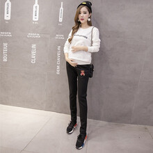 孕佳乐孕妇裤春秋季外穿长裤时尚运动裤休闲打底孕妇裤子外穿潮妈 黑色3697 L