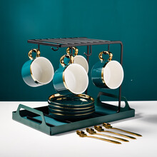 千宇北欧咖啡杯套装陶瓷家用马克杯带勺配托盘下午茶具礼盒装 墨绿大金四杯碟勺（黑U架+G托盘）