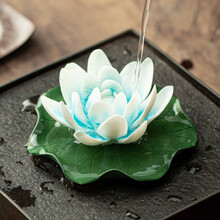 与善 变色陶瓷荷花莲花茶宠摆件精品个性香插可养创意禅意招财变色喷水 变色莲花蓝+荷叶盘