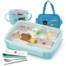 STENLOCK韩国进口饭盒中小学生餐盒三格便当盒分格餐盘304不锈钢饭盒四格保温带盖密封便携 四格蓝卡通1400ml+餐具+汤碗+袋