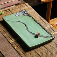 言艺陶瓷干泡茶盘家用储水长方小号茶托盘禅意创意复古茶台不含茶具 小桥流水