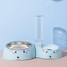 【七仓直发 带水瓶】汤琪狗狗不锈钢盆猫碗猫咪双碗自动饮水器喂食器喂水器泰迪宠物用品 蓝色