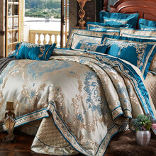 伊迪梦家纺欧美式高档豪华床上用品四件套六件套八件套十件套全棉贡缎提花绣花夹棉床罩床盖gz209 奢华部落-蓝 1.8/2.0m床十件套