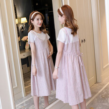 孕妇装夏装时尚潮妈短袖孕妇套装春夏季中长款外穿孕妇裙夏天大码孕妈装宽松舒适孕妇连衣裙子新款 粉紫 L
