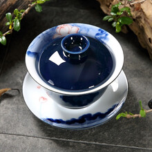 天泽 盖碗茶杯单个大号陶瓷三才茶碗手绘青瓷功夫茶霁蓝亚光透光泡茶器 手绘霁蓝大号盖碗-荷花款