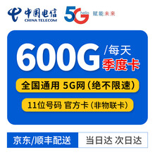 中国联通 小时卡无限流量卡不限速5g流量卡4g上网卡直播高速流量敞开用5g路由器资费卡0月租流量敞用 电信5g卡-每天600g流量不限速（季度卡）