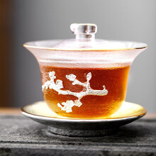 日式锤纹玻璃盖碗加厚耐热泡茶茶杯家用功夫茶具三才茶碗套装 镶锡锤纹盖碗梅花
