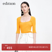 edition针织T恤夏新款女复古花边袖修身针织衫短上衣 浅橙色 XS/155