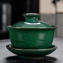 单个三才盖碗茶杯特大号陶瓷泡茶碗白瓷功夫茶具青花瓷带盖 冰裂孔雀绿盖碗