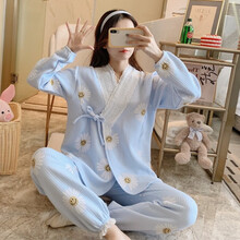 纯棉月子服秋冬和服保暖孕妇睡衣空气夹棉哺乳喂奶衣套装冬季产后外出日式 AB6025#和服蓝菊花 M码