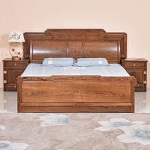 九鲤王府红木家具非洲鸡翅木（学名：非洲崖豆木）双人床主卧床实木新中式婚床高低床含床头柜 长219*宽180*高43(总高121)cm