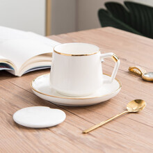 金裕尊轻奢网红咖啡杯碟欧式小奢华小精致家用套装陶瓷马克杯英式下午茶具杯子带盖勺北欧ins风格 白指环 1杯碟（配盖勺）普包