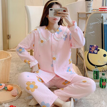 回访人月子服春秋冬季棉质产后加厚空气棉孕妇睡衣产妇哺乳10月份11出院 A6016#夹层粉花朵 女款花边领XL码 135-155斤