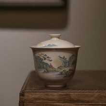 素以 景德镇草木灰米白釉盖碗茶杯单个陶瓷功夫茶具盖杯泡茶小号家用 601锦绣山河盖碗