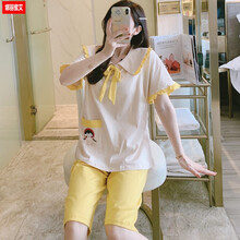 娜丽蜜艾夏季孕妇睡衣薄款纯棉短袖卡通产后哺乳喂奶衣家居服月子服夏天大码套装 SF301 女L码建议100-120斤