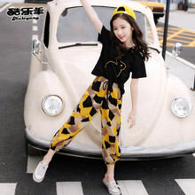 酷乐羊 女童夏装网红套装2021夏季新款洋气中童大童岁女孩夏天儿童时髦衣服两件套潮 黑色套装 160