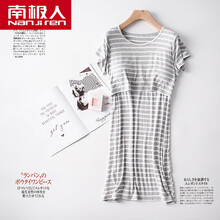 南极人怀孕期夏天穿的睡衣  粘纤哺乳孕妇睡裙短袖怀孕产妇家居裙夏季外出喂奶衣月子服薄款 灰白条纹 M【建议85-110斤】
