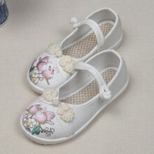 VISREA新款汉服鞋子女童绣花鞋女古装手工复古汉鞋棉鞋中国风老北京布鞋 18白色 防滑tpr鞋底 内长16.0cm 24