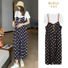 幸孕佳儿 孕妇套装2021夏季新款时尚休闲减龄系带波点印花背带裤+百搭T恤上衣潮妈外出宽松孕妇两件套 波点套装 XXL