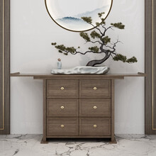 斯顿英少新中式实木餐边柜现代简约餐厅酒柜禅意茶水柜客厅装饰柜6斗玄关桌台供桌台储物柜 玄关柜1500*400*900