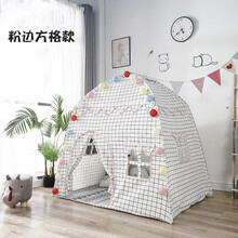 儿童小帐篷室内 儿童帐篷游戏屋室内家用公主女孩生日礼玩具屋小孩房子梦幻小城堡 白方格粉边+星星灯+短毛地毯 +彩旗+云朵+毛球