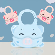 林老师防水硅胶围嘴宝宝吃饭围兜儿童饭兜婴儿幼儿超软大号口水兜 饭兜小猪款-蓝色