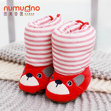 婴儿棉鞋0-6-12个月高帮加绒保暖男女宝宝不掉鞋软底步前鞋子冬季洛米笛诺 条纹小狗红色小码 内长约11厘米