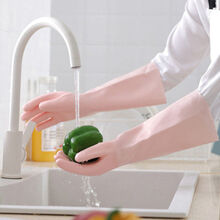 橡胶乳胶防水长手套女洗衣厨房洗碗耐用耐磨冬季加绒加厚手套 新款粉40CM植绒【大码】 5双