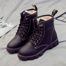 品牌上新 秋冬女孩高帮皮鞋初中学生黑色马丁靴大童潮款棉鞋平底少女鞋短靴 黑色 35
