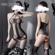 曼烟 情趣内衣 女性感开档免脱诱惑情趣丝袜透明吊带黑丝袜连身袜制服 挂脖系带网状连体袜 黑色 7955