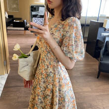 韵暖香 碎花裙夏季哺乳衣外出时尚辣妈款显瘦气质雪纺哺乳期连衣裙潮妈喂奶裙衣服 浅蓝桔 XL