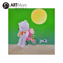 墨斗鱼艺术曹继才油画原作小熊月亮绿色底卡通治愈风温暖插画手绘原作手工画框装裱收藏证书70*70cm