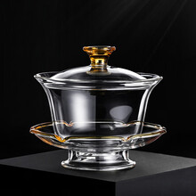 知语堂 禾器新品耐热玻璃盖碗单个三才茶碗不烫手沏茶泡茶杯功夫茶具晶彩沁莲盖碗 琥珀色