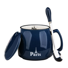 早餐杯陶瓷杯带盖勺马克杯子创意牛奶杯情侣简约水杯办公室咖啡杯 深蓝 早餐杯+盖+专属勺