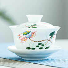 泥徒 玲珑盖碗大号青花陶瓷杯白瓷三才碗杯敬茶碗功夫茶具泡茶壶 【蜻蜓戏荷】盖碗210ml