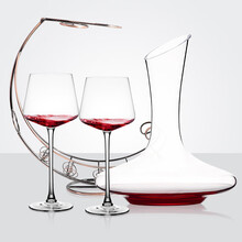 欧式高脚杯红酒杯套装 家用手工勃艮第葡萄酒杯2只装大号无铅水晶玻璃洋酒杯创意个性醒酒器酒具 480ml红酒杯【2支装】+月亮杯架+斜口醒酒器