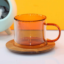 CAFEIN KAFFA日式双层玻璃咖啡杯耐热真空小清新透明色带相思木托 琥珀色（含木托）