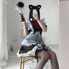 瑰若 情趣内衣 透视性感女仆装 角色扮演透明制服诱惑激情套装猫女兔女郎 做你的猫成人  黑4件套【连衣裙+领结+围裙+丁裤】