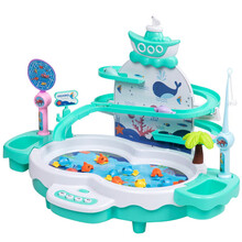 爸爸妈妈 钓鱼玩具捞鱼玩具电动旋转钓鱼池儿童玩具自动滑梯带磁性可装水音乐钓鱼台带 1567-9