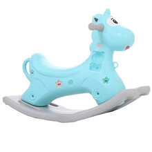韩版大眼萌儿童木马摇摇马加厚塑料带音乐婴儿玩具周岁宝宝生日礼物两用摇马滑滑车 蓝色大眼独角兽（基础款）