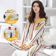 月子服纯棉产后春秋季12月份孕妇睡衣秋冬产妇孕妈哺乳期喂奶衣 SX6059三色竖条）开衫 M